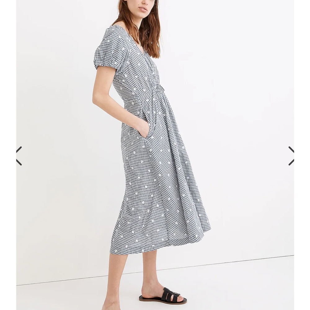 Madewell NWT Embroidered Gingham Faux-Wrap Tie-Waist Midi Dress sz XS